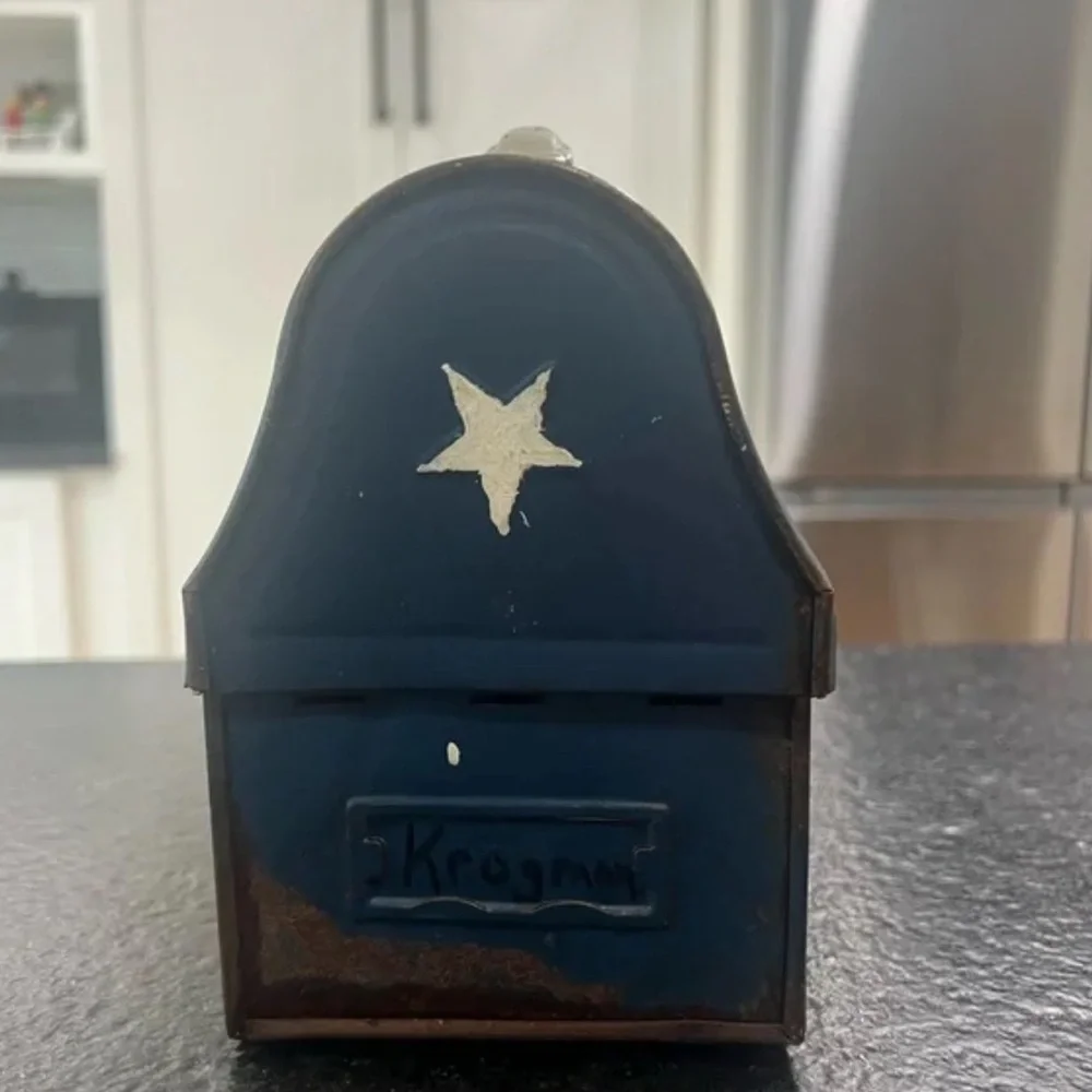 Vintage Domed Metal Lunchbox – Navy Blue, Embossed Stars (9”x7”)